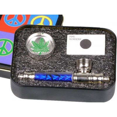 Μεταλλική πίπα με σίτα + Grinder + Screens + box PEACE 